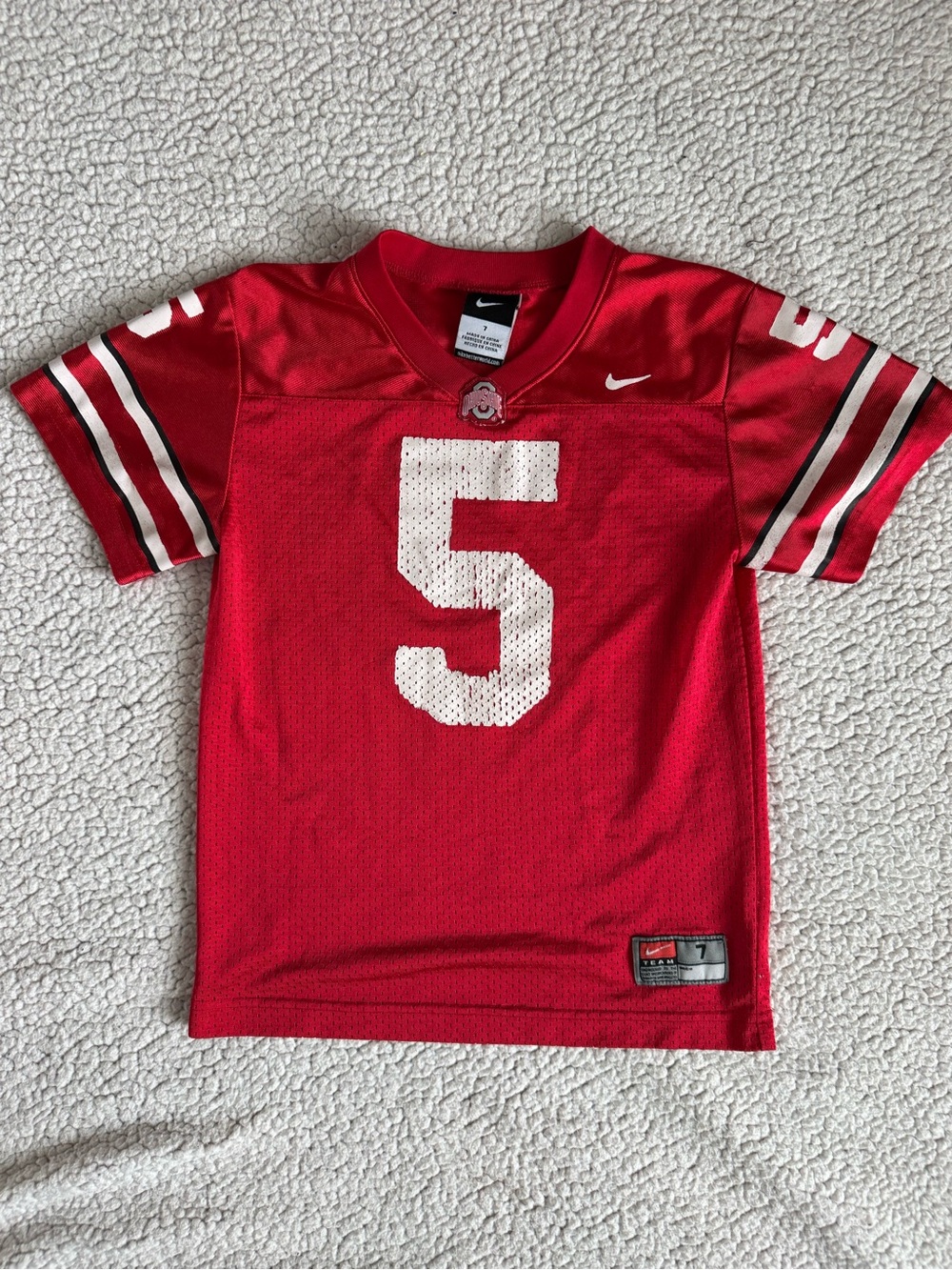 Nike Kids Red Ohio State Football Jersey with White Number 5 and Stripe Sleeves